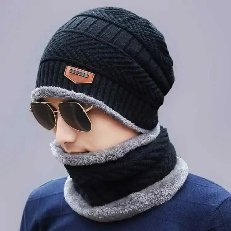 2Pcs Winter Beanie Hat & Neck Warmer Scarf Set Fleece Lined Unisex Knit Skull Cap for Men & Women