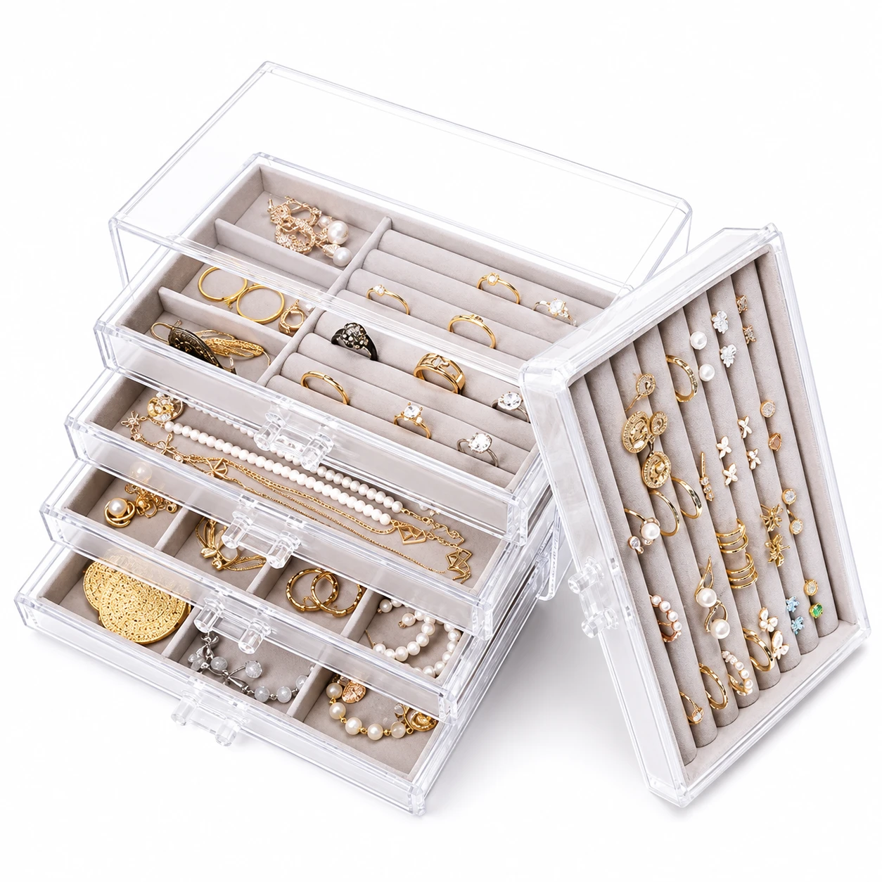Acrylic Jewelry Organizer, Clear Jewelry Storage Box Tray with 3 Drawers