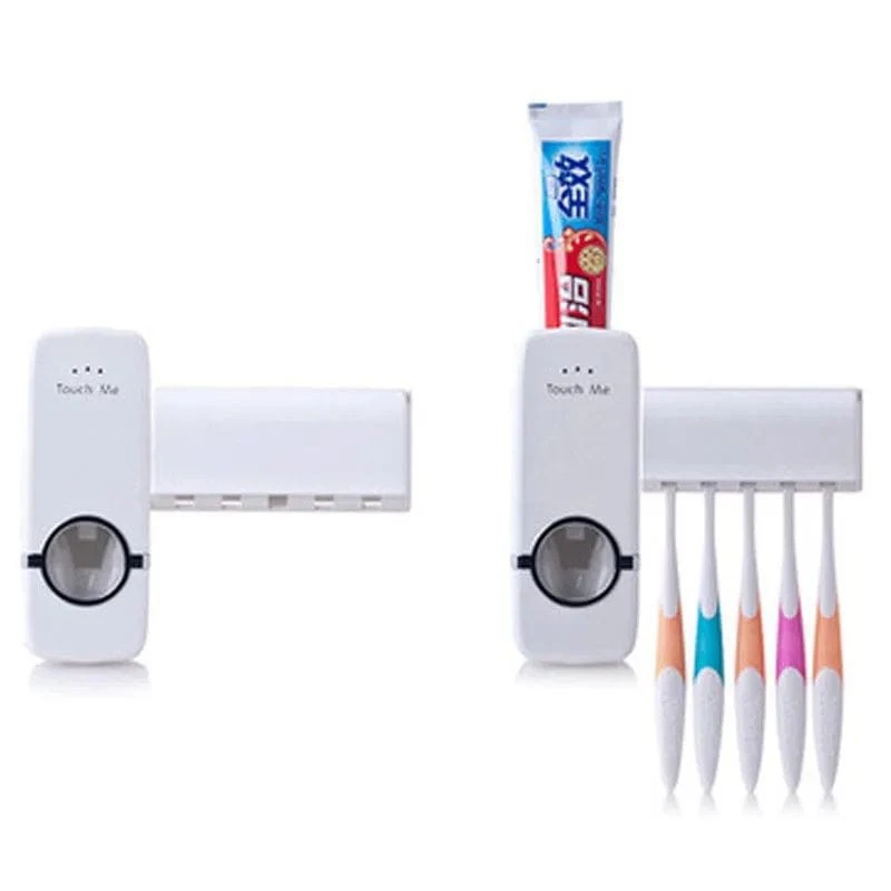 Automatic Toothpaste Dispenser with 5 Toothbrush Holder Wall Mounted Hands-Free Bathroom Organizer