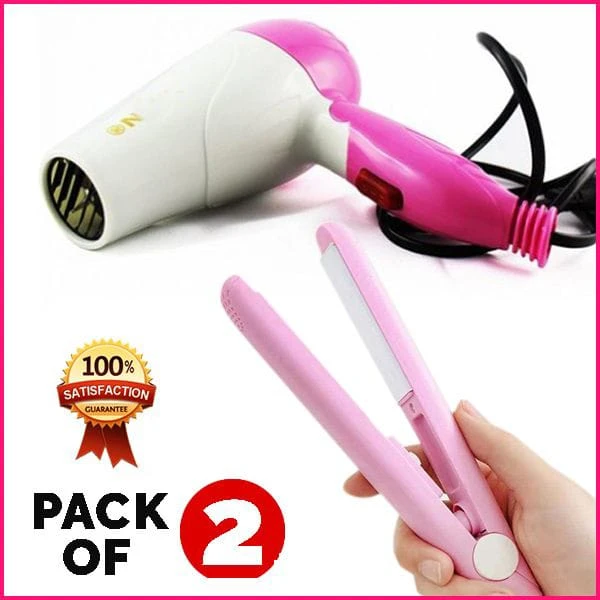 Pack of 2 Combo Mini Hair Straightener & Hair Dryer Portable Hair Styling Set for Women