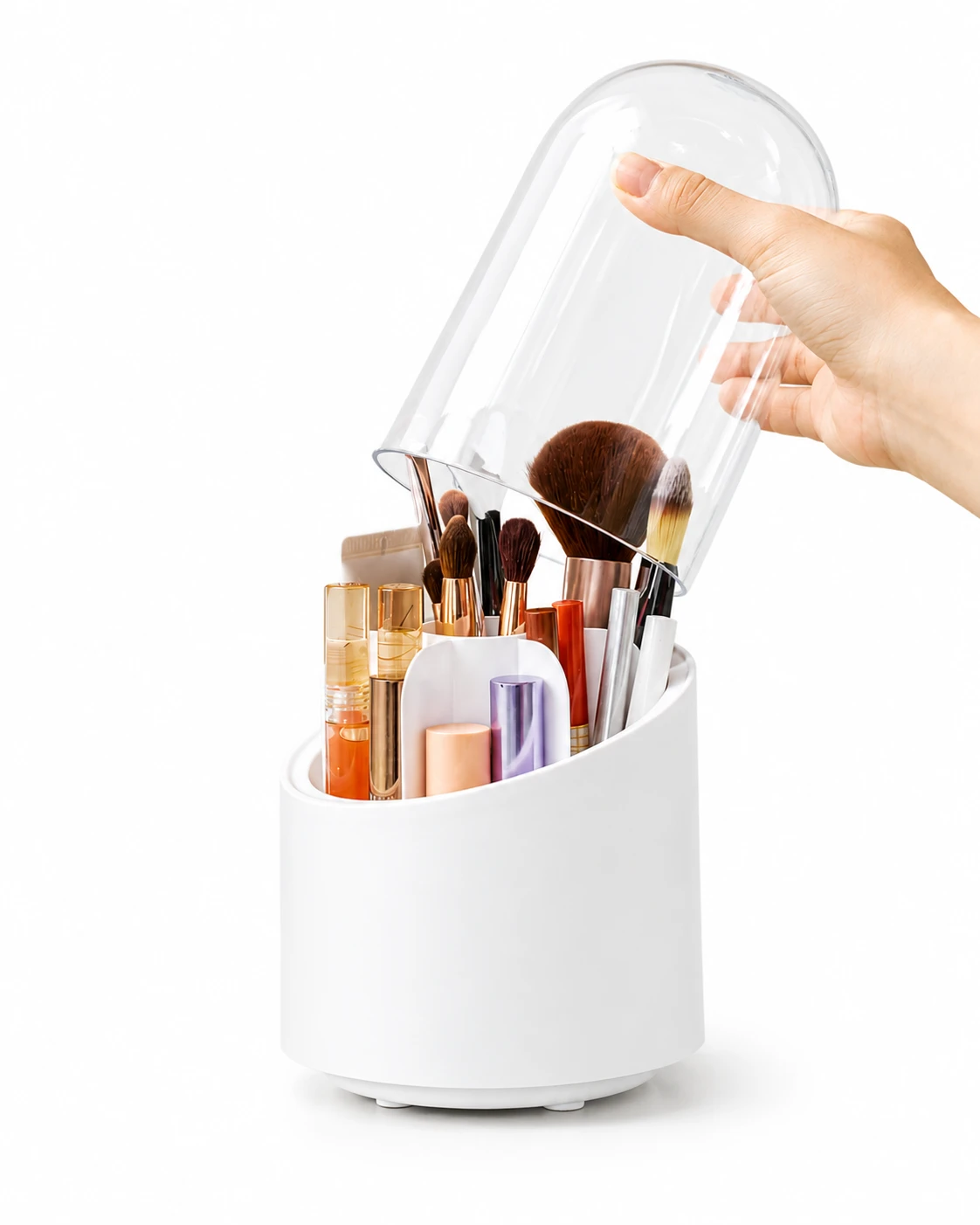 Makeup Brush Holder, Rotatable Makeup Brush Organizer Cup with Lid, Clear Acrylic Makeup Container, Covered Rotating Brush Holder