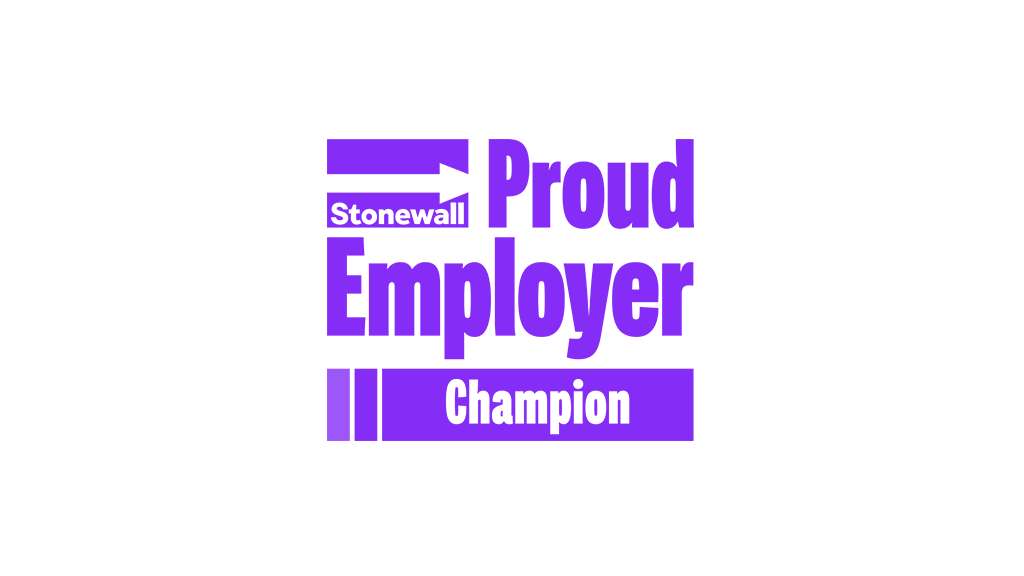 Purple “Stonewall Proud Employer Champion” logo on a white background.