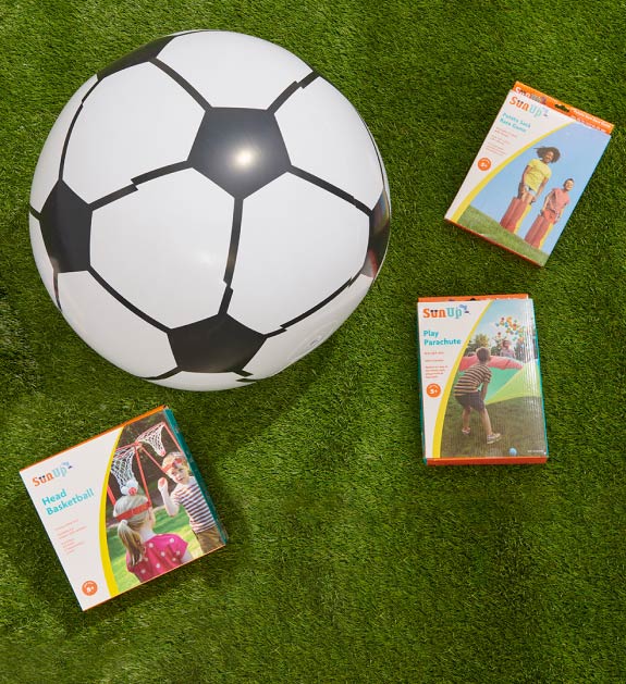 inflatable soccer ball, potato sack race game, play parachute, head basketball.