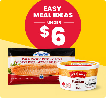 Easy Meal Ideas Under $6. Salmon and wonton soup products on a yellow background