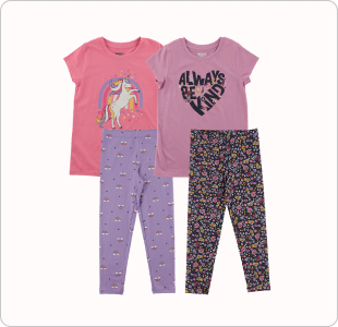 purple tshirt, pink tshirt, purple printed leggings, black printed leggings