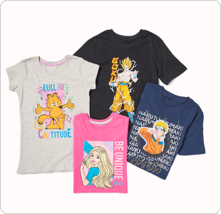 Garfield t-shirt, barbie t-shirt, naruto t-shirt and goku t-shirt