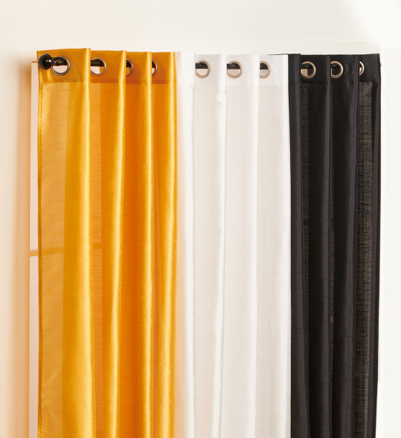 Yellow curtain panel, white curtain panel, black curtain panel