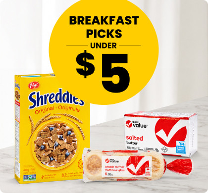 Breakfast Picks Under $5. Breakfast products with cereal, butter and English muffins