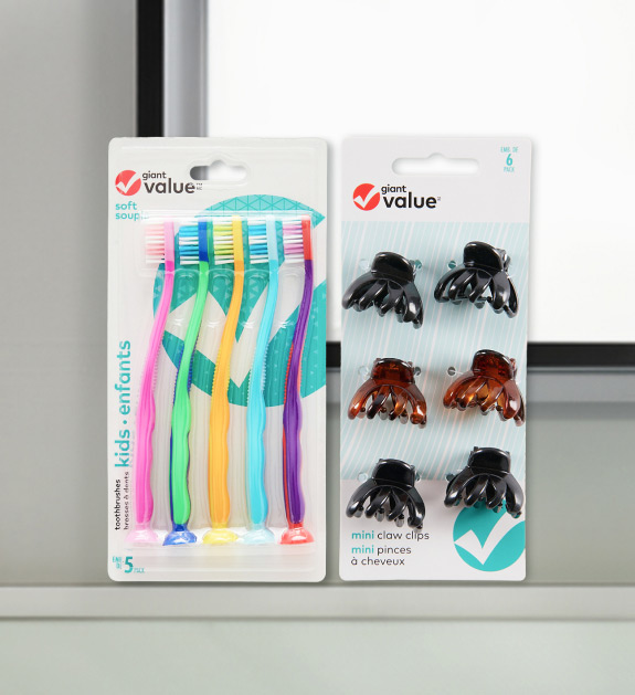 Giant value 5 pack of toothbrushes and a 6 pack of giant value mini claw clips