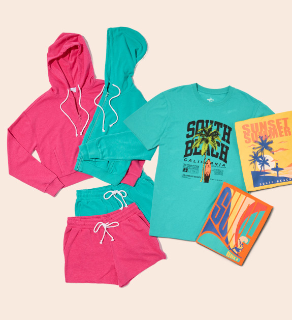 pink hoodie, blue hoodie, blue shorts, pink shorts, blue t-shirt, orange t-shirt, yellow t-shirt