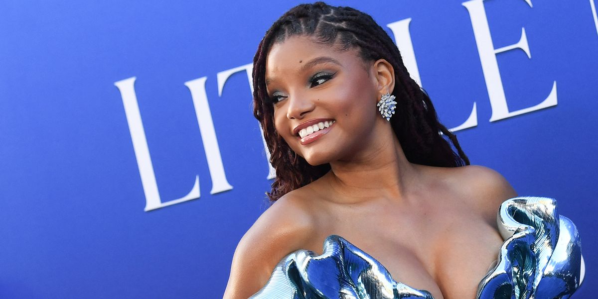 Halle Bailey Wore Metallic Column Gown for 'The Little Mermaid' Premiere