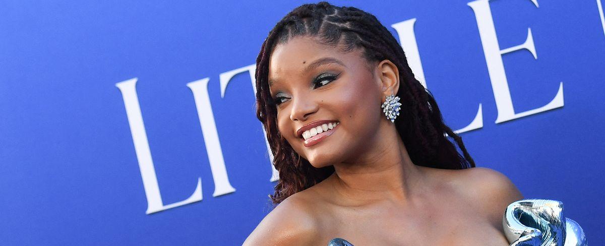 Halle Bailey Wore Metallic Column Gown for 'The Little Mermaid' Premiere