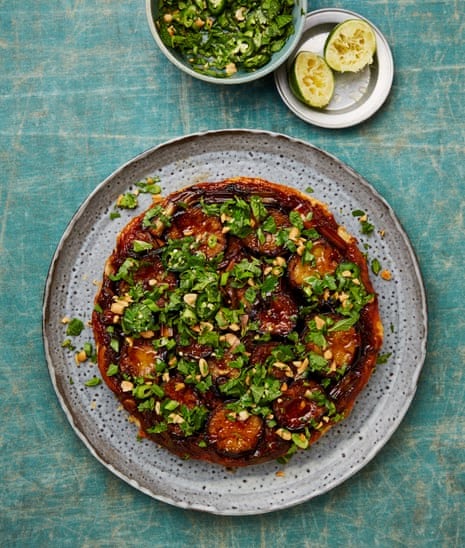 Georgina Hayden’s vegan recipe for sticky aubergine, peanut and herb tarte tatin