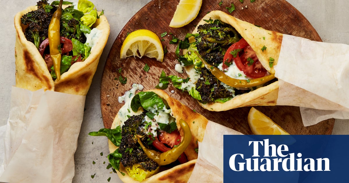 Georgina Hayden’s vegan recipe for roast purple sprouting broccoli gyro with tzatziki