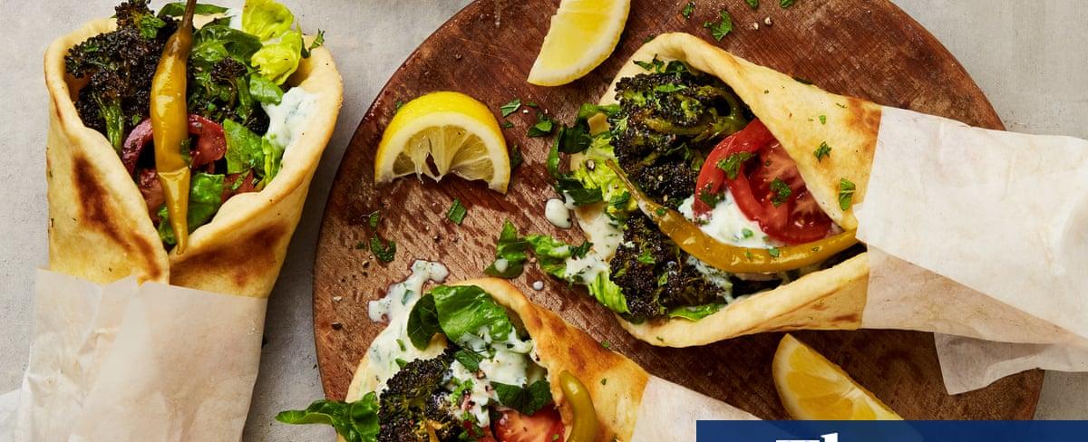 Georgina Hayden’s vegan recipe for roast purple sprouting broccoli gyro with tzatziki