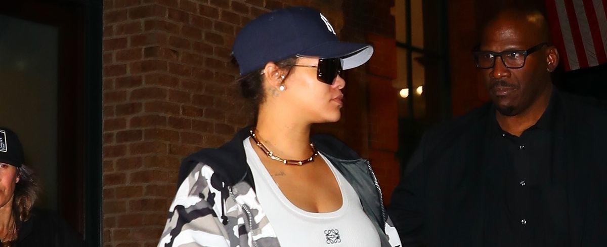 Rihanna Shows Bare Baby Bump in Crop Top, Sweatpants, and Camo Jacket