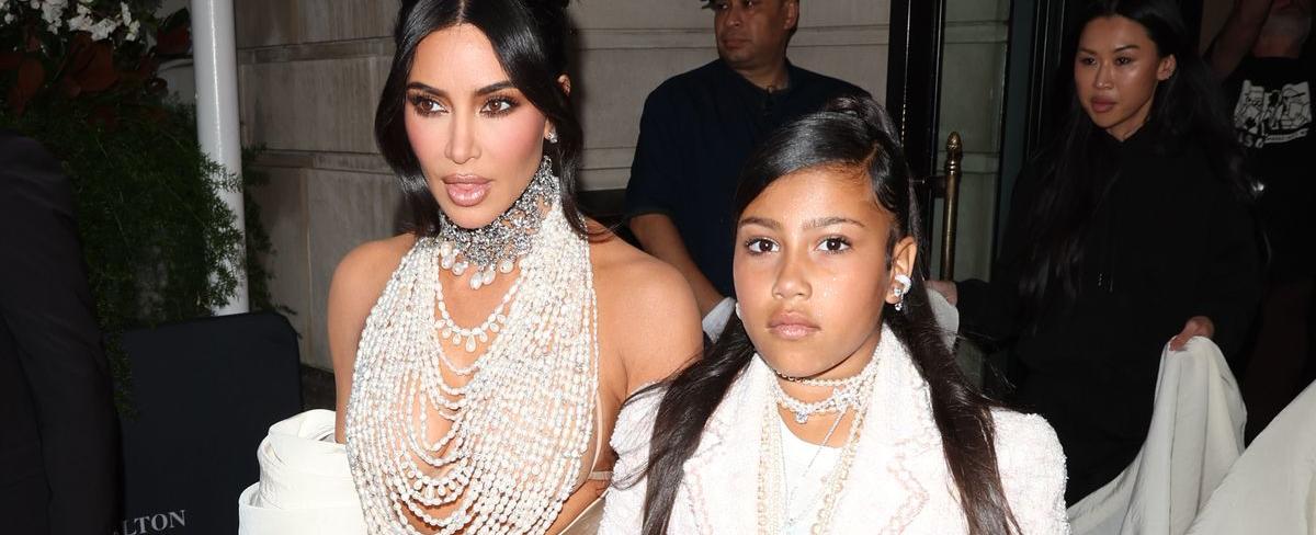 Kim Kardashian Wears Pearl Dress With North West at Met Gala 2023