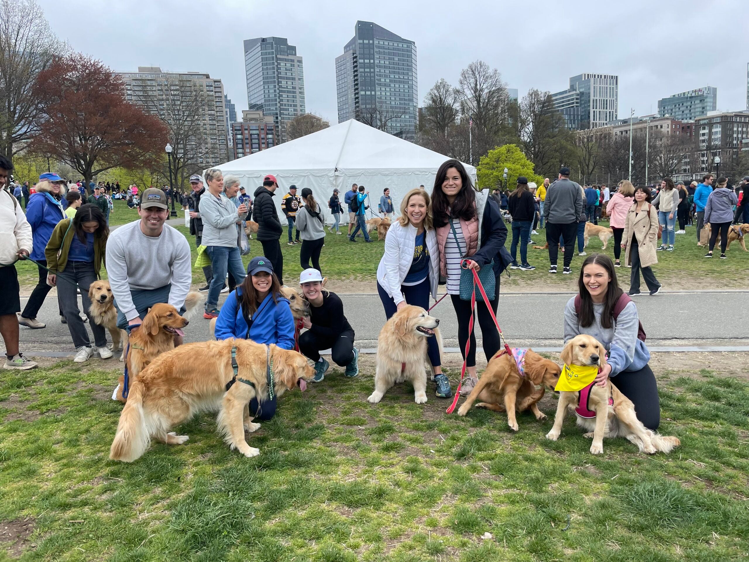 Golden retrievers cross Boston Marathon finish line to honor beloved dogs Spencer and Penny