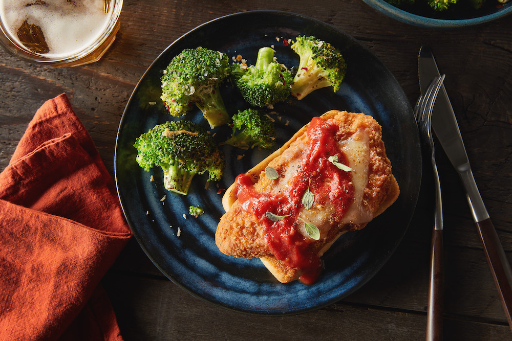 Open-Faced Chicken Parmesan Ciabatta Rolls with Charred Pesto Broccoli | Recipes | Schneiders