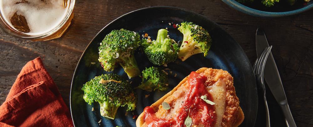 Open-Faced Chicken Parmesan Ciabatta Rolls with Charred Pesto Broccoli | Recipes | Schneiders