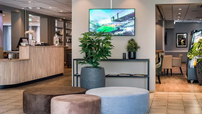 Circular poufs are arranged on a tiled floor, near potted plants and a framed digital display on a gray wall. Adjacent, a wooden reception desk highlights a modern hotel lobby setting.