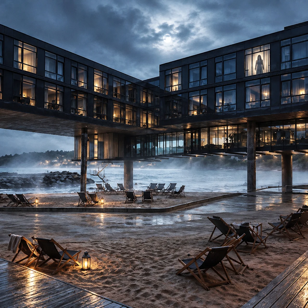 Moderne hotel ved havet om natten under en skyet måneskinshimmel med varme lysende vinduer.