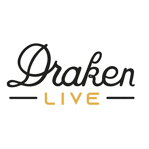 En logotyp med ordet LIVE i guld, flankerat av horisontella linjer, under ett ord i skrivstil.