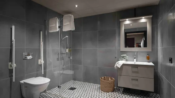 Badeværelse med vægmonteret toilet, tilstødende bruser med glasafskærmning. En vask med spejl og kurv står i nærheden. Grå flisebelagte vægge og mønstret gulv skaber en moderne stemning.