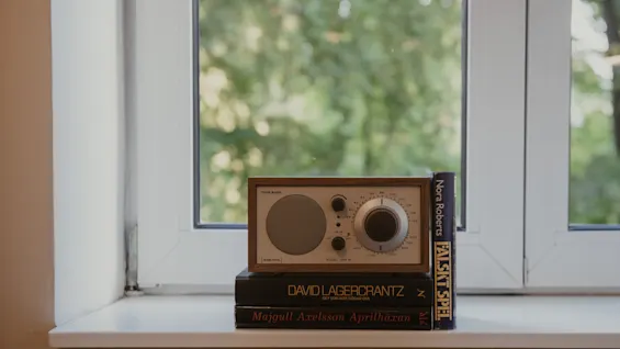 En radio står på bøger i en vindueskarm med grøn udsigt. Synlige bogtitler inkluderer Nora Roberts FALSKT SPEL og David Lagercrantz.