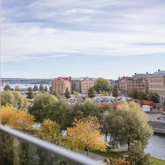 Trees with autumn leaves line a canal, surrounded by historic buildings under a partly cloudy sky. A bridge and lake are visible in the background.