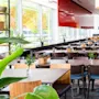Bord og stoler fyller en romslig, lys restaurant dekorert med grønne planter og store vinduer. En tavle viser teksten: "Breakfast served from 7am - 10am."