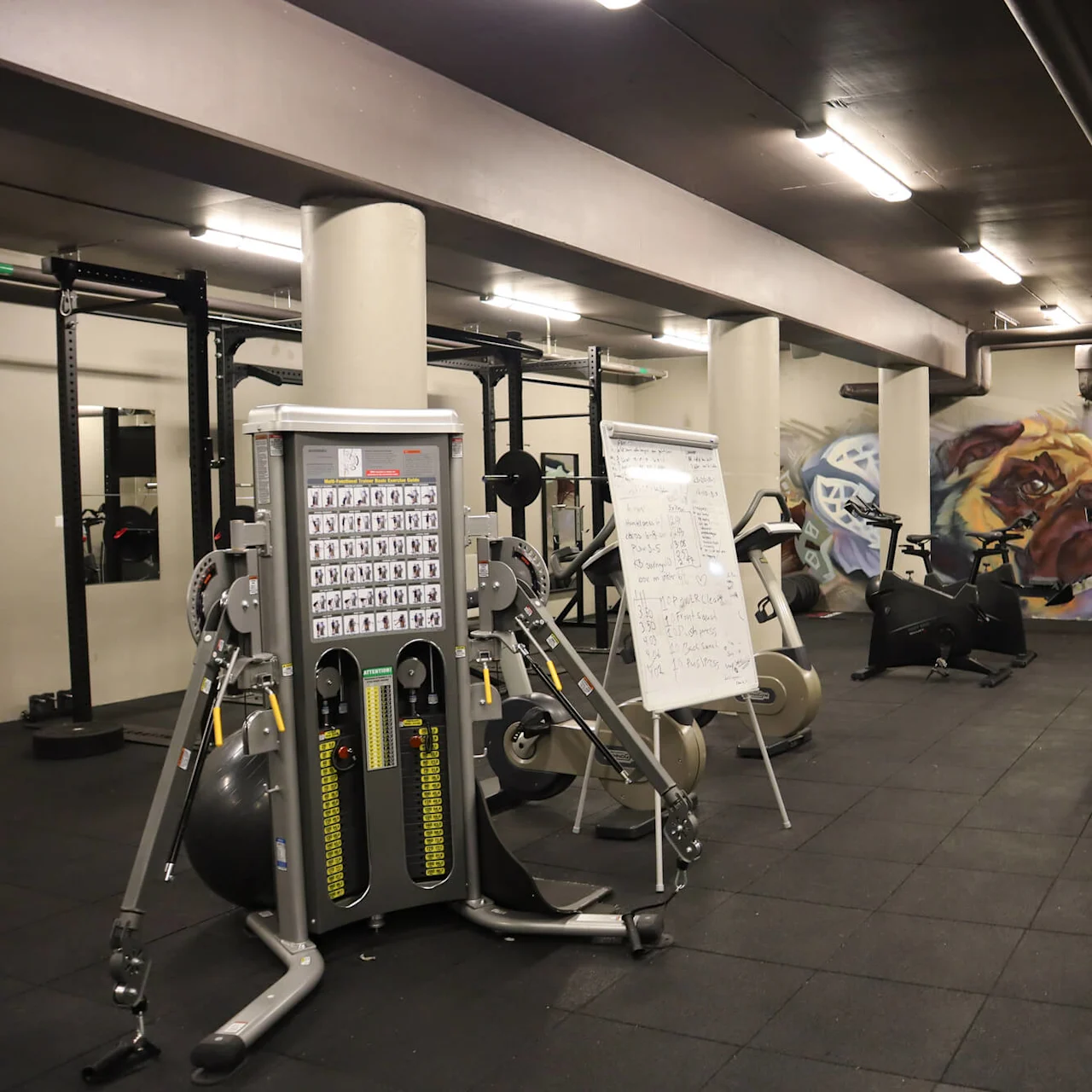 Exercise equipment scattered throughout a gym with a mural on the wall.