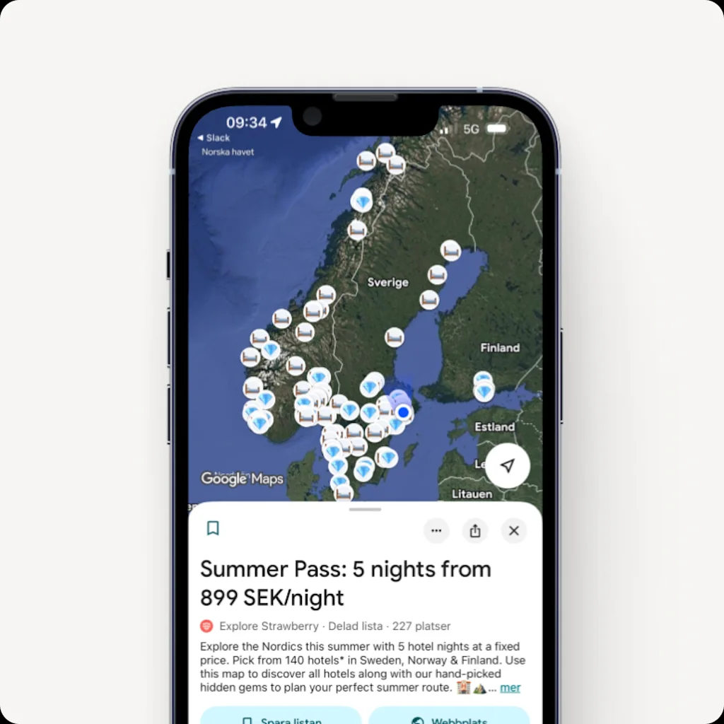 En telefon som visar en karta över nordiska hotell och ett 'Summer Pass' erbjudande: 5 nätter från 899 SEK/natt.