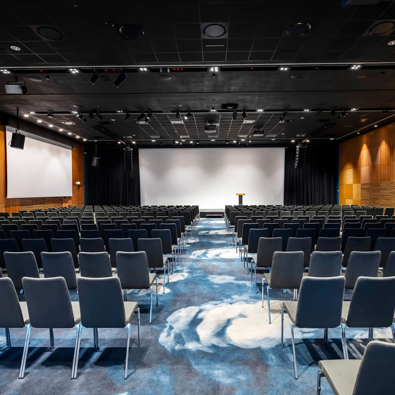 Stort konferensrum med rader av tomma svarta stolar vända mot en vit projektionsskärm. En talarpodie står längst fram, omgiven av träpanelväggar och en blåmönstrad matta.