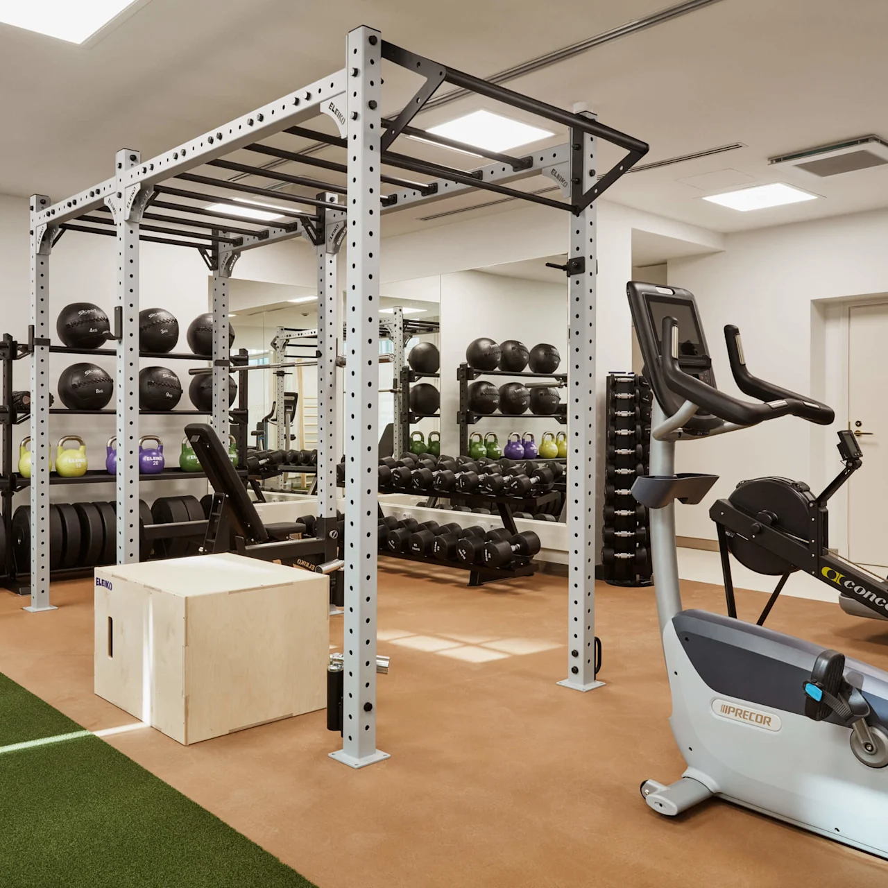 Et veludstyret fitnesscenter med forskellige træningsmaskiner, frie vægte, et squat rack og en grøn kunstgræsbane.