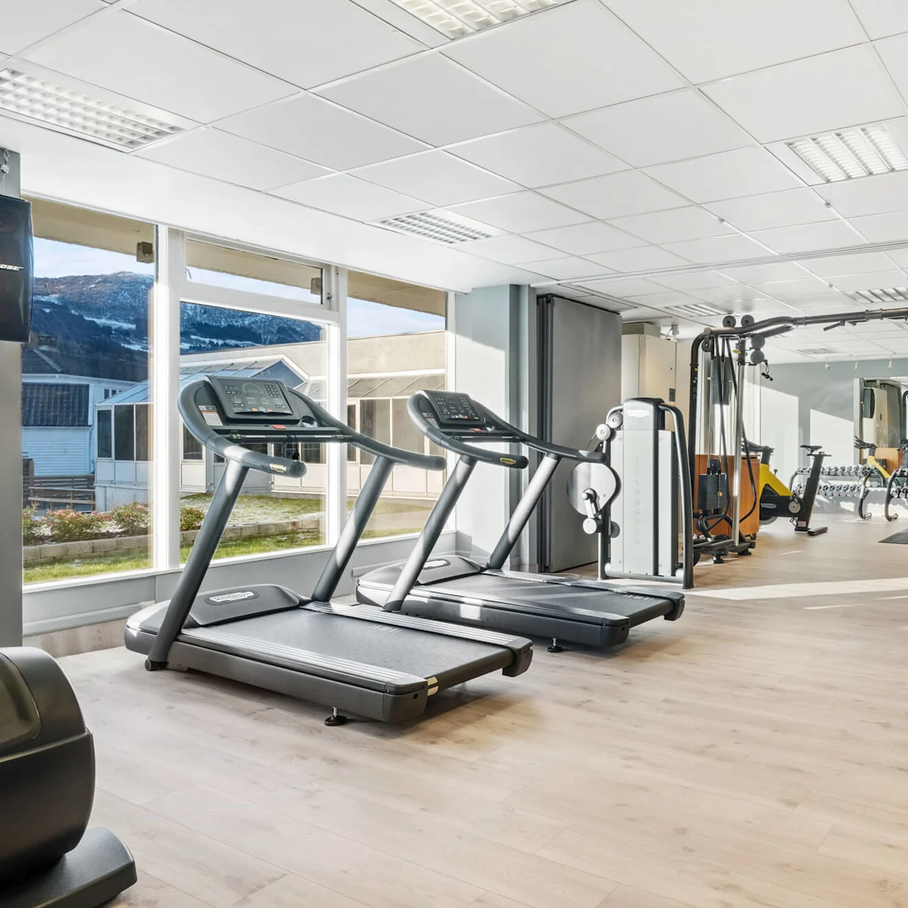 Löpband står stilla i ett välbelyst gym med stora fönster och spegelväggar, omgivna av olika träningsmaskiner och fria vikter.