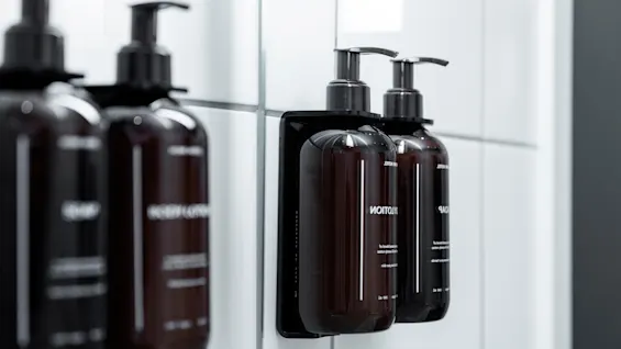 Lähikuva tummista pumppupulloista, joissa on BODY LOTION ja SHAMPOO, asennettuna valkoiselle kaakeloidulle kylpyhuoneen seinälle, heijastuen peilistä.
