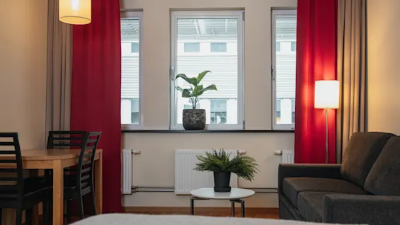 A gray sofa sits beside a lit floor lamp near red curtains. In front, a small table holds a potted plant. A dining table with chairs is on the left.