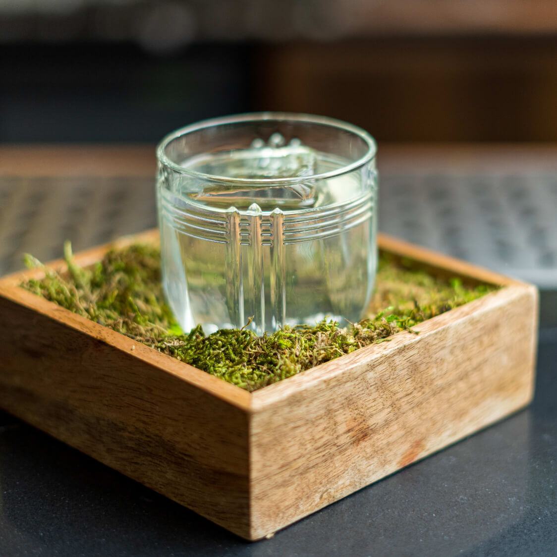 Drink presented in a bowl of moss at bar Pier 42 in Oslo.