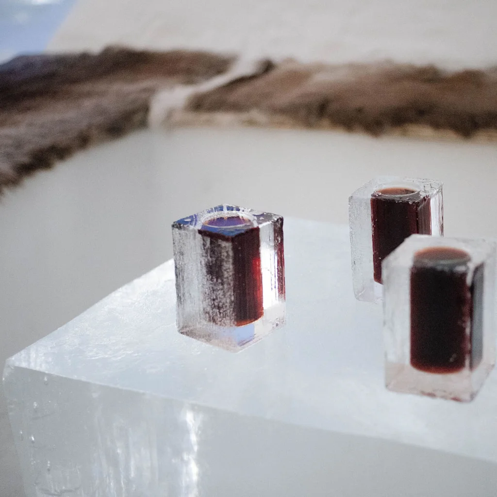 Tre iskuber formade som koppar, fyllda med mörk vätska, står på ett större isblock i ett kallt rum, med djurpäls i bakgrunden.