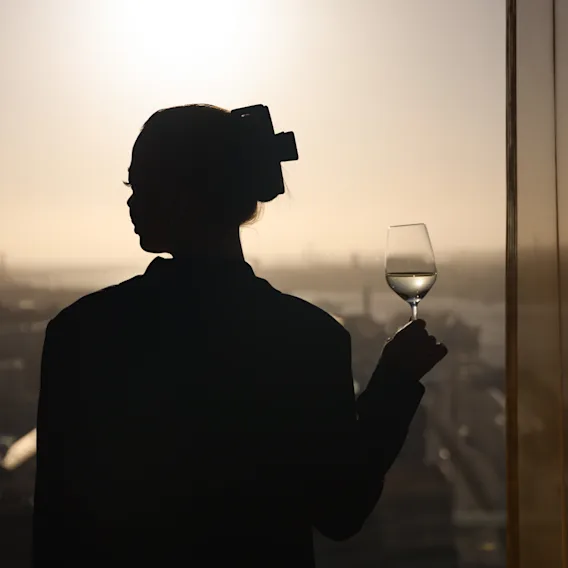 Silhouette of a person holding a glass of wine against a bright skyline. The sun is low on the horizon, casting a soft glow.