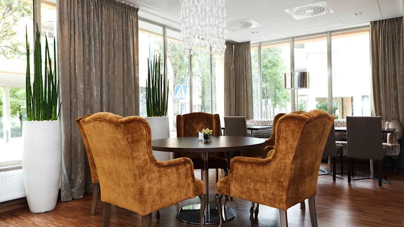 Velvet chairs surround a round dining table in a well-lit, modern room with large windows and decorative indoor plants.
