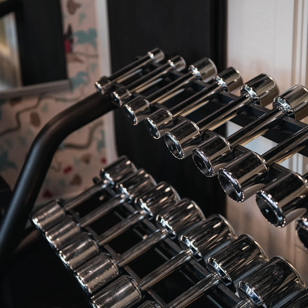 Dumbbells neatly arranged on a rack; reflecting light, they are in a gym setting with a mirrored wall and patterned wallpaper in the background.