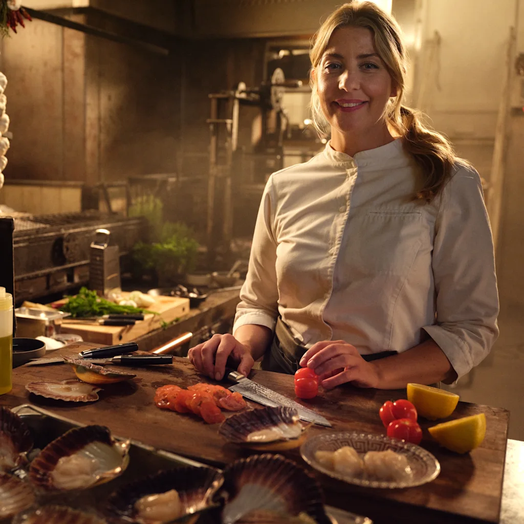 A chef slices tomatoes on a wooden board in a rustic kitchen, surrounded by scallop shells and lemon halves. Various kitchen tools and herbs are visible in the background.