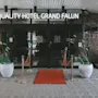 Glass entrance with red carpet leading to "QUALITY HOTEL GRAND FALUN." Flanked by potted plants; to the right, a colorful Dala horse statue stands against a brick wall.