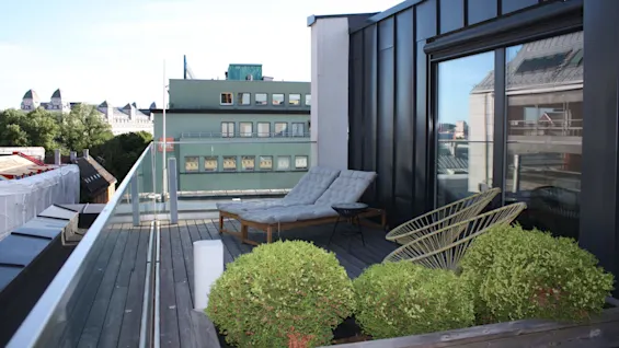Rooftop terrace with cushioned loungers and potted bushes, surrounded by a glass railing. Overlooks city buildings with a clear, sunny sky in the background. 