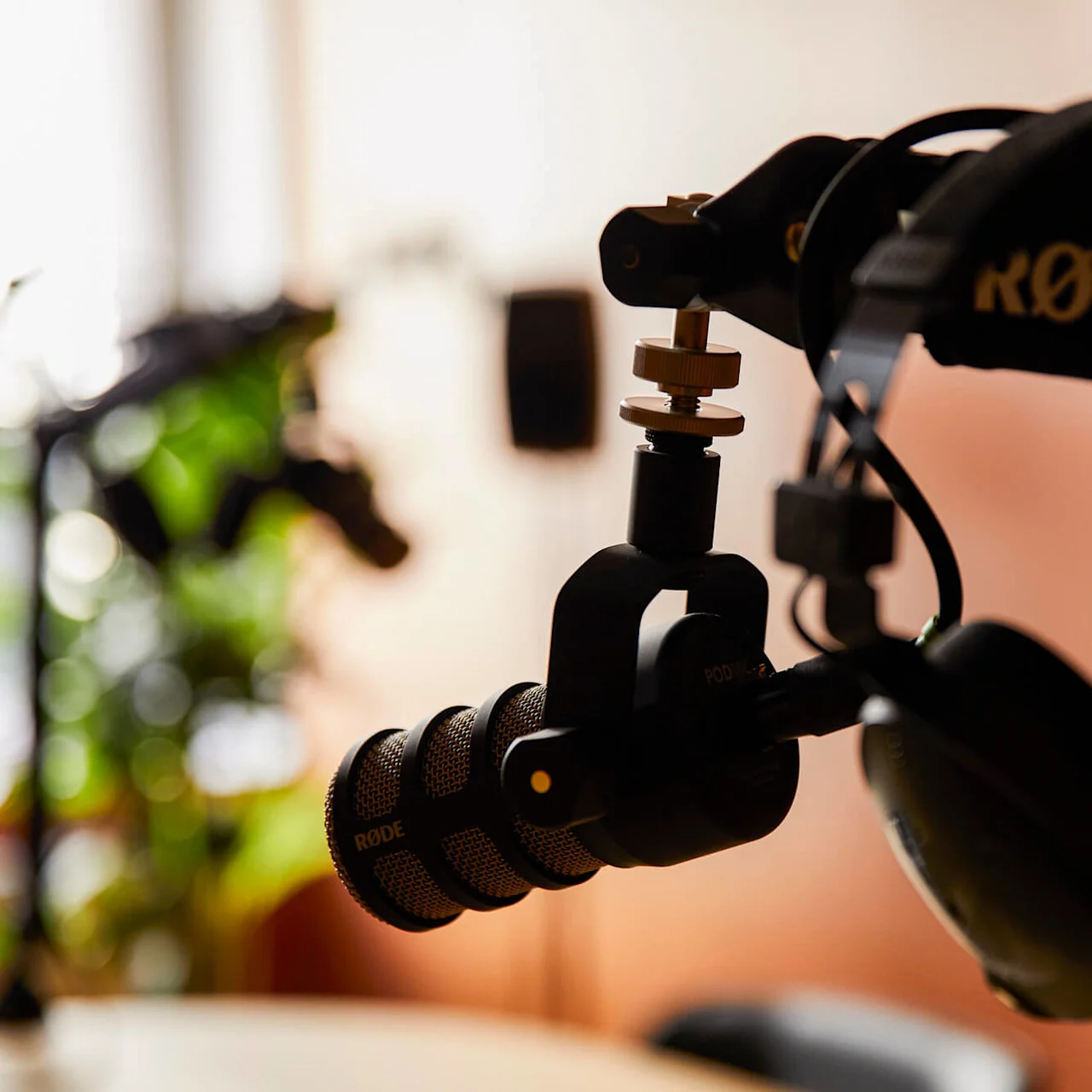 Mikrofon på en justerbar arm er placeret over et bord. Hovedtelefoner hviler i nærheden. Slørede planter og akustikpaneler i baggrunden. Tekst: "RØDE" på armen, "RODE" på mikrofonen.