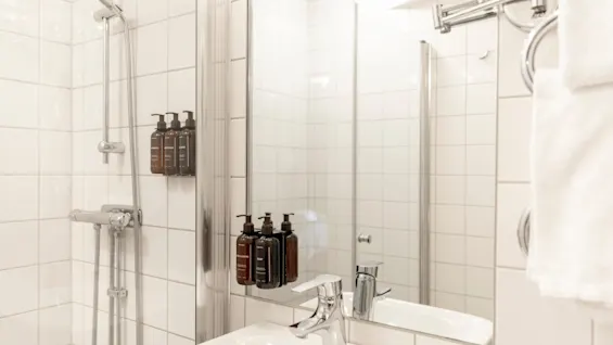 Ett rent och modernt badrum med dusch, handfat, spegel och väggmonterade toalettartiklar, som erbjuder ett fräscht och funktionellt utrymme.