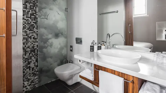 Modern bathroom with a shower featuring a cloudy sky and bird design, toilet, sink, and towels.