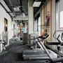 Treadmills and exercise machines line a modern gym with large windows. A colorful mannequin stands against a wall ladder. A pink exercise ball rests nearby. Visible text: "RESPECT".
